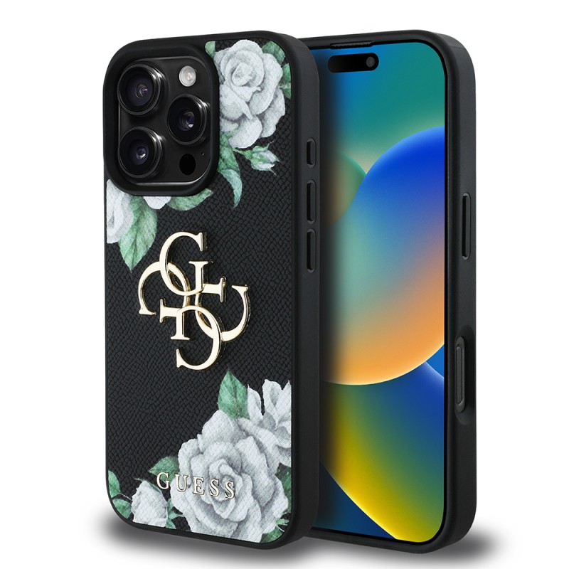 Apple iPhone 16 Pro Case Guess Original Licensed Feature and Rose Printed Large Metal Logo Design Cover  - 9