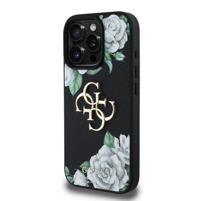 Apple iPhone 16 Pro Case Guess Original Licensed Feature and Rose Printed Large Metal Logo Design Cover  - 6