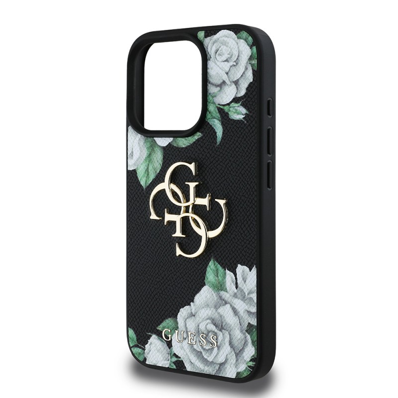 Apple iPhone 16 Pro Case Guess Original Licensed Feature and Rose Printed Large Metal Logo Design Cover  - 7