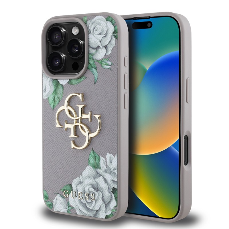 Apple iPhone 16 Pro Case Guess Original Licensed Feature and Rose Printed Large Metal Logo Design Cover  - 16