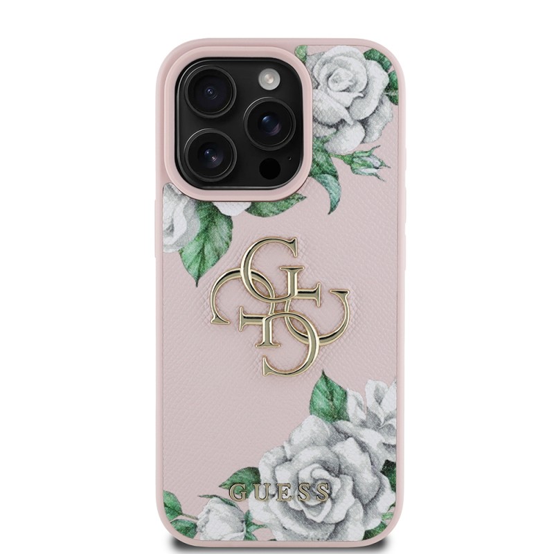 Apple iPhone 16 Pro Case Guess Original Licensed Feature and Rose Printed Large Metal Logo Design Cover  - 4
