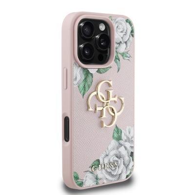 Apple iPhone 16 Pro Case Guess Original Licensed Feature and Rose Printed Large Metal Logo Design Cover  - 20