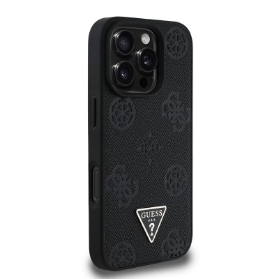 Apple iPhone 16 Pro Case Guess Original Licensed Magsafe Charging Feature Hot Printed Triangle Logo PU Leather Peony Cover - 7