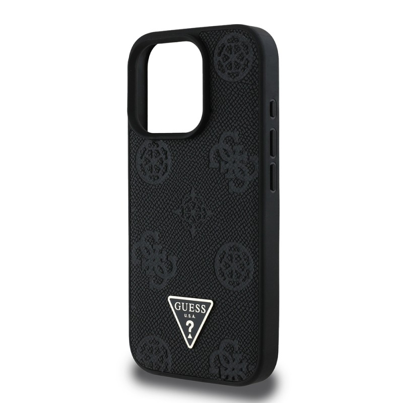 Apple iPhone 16 Pro Case Guess Original Licensed Magsafe Charging Feature Hot Printed Triangle Logo PU Leather Peony Cover - 9