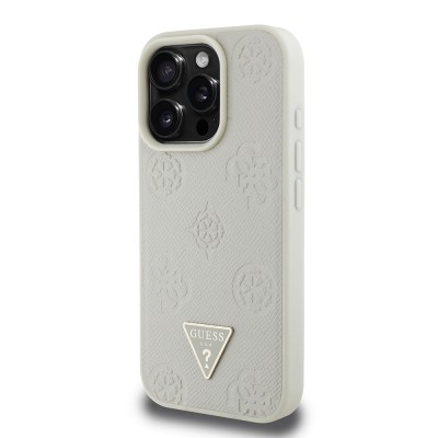 Apple iPhone 16 Pro Case Guess Original Licensed Magsafe Charging Feature Hot Printed Triangle Logo PU Leather Peony Cover - 13