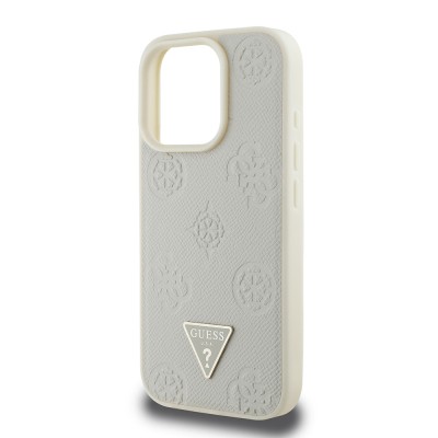 Apple iPhone 16 Pro Case Guess Original Licensed Magsafe Charging Feature Hot Printed Triangle Logo PU Leather Peony Cover - 16