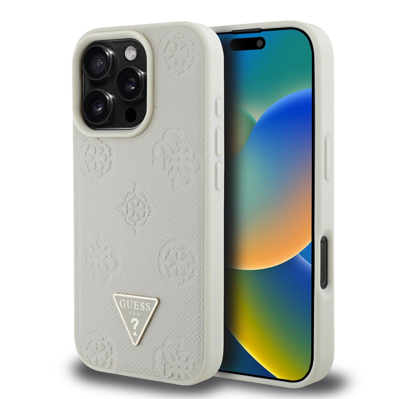 Apple iPhone 16 Pro Case Guess Original Licensed Magsafe Charging Feature Hot Printed Triangle Logo PU Leather Peony Cover - 18