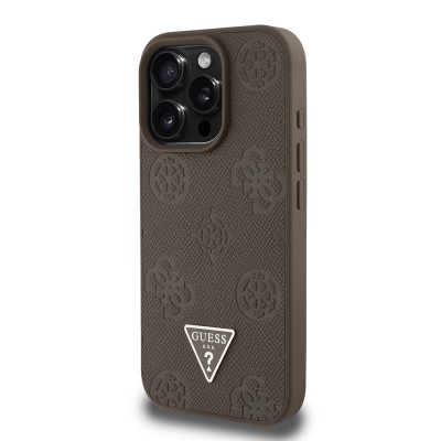 Apple iPhone 16 Pro Case Guess Original Licensed Magsafe Charging Feature Hot Printed Triangle Logo PU Leather Peony Cover - 20