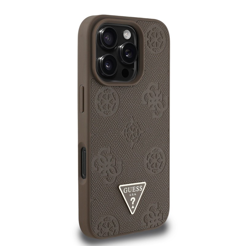 Apple iPhone 16 Pro Case Guess Original Licensed Magsafe Charging Feature Hot Printed Triangle Logo PU Leather Peony Cover - 21