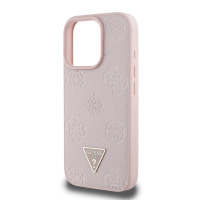 Apple iPhone 16 Pro Case Guess Original Licensed Magsafe Charging Feature Hot Printed Triangle Logo PU Leather Peony Cover - 30