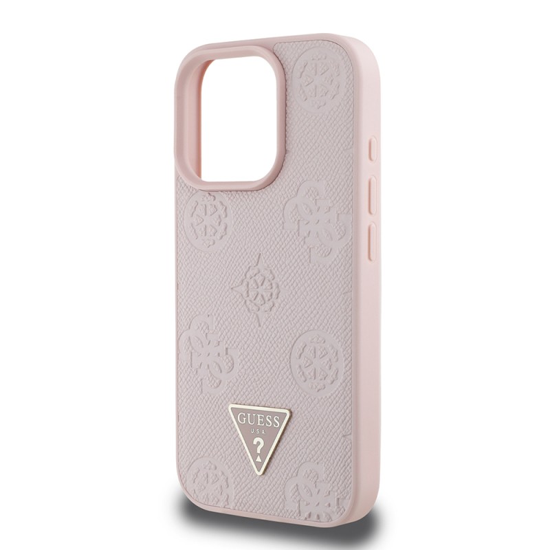 Apple iPhone 16 Pro Case Guess Original Licensed Magsafe Charging Feature Hot Printed Triangle Logo PU Leather Peony Cover - 30