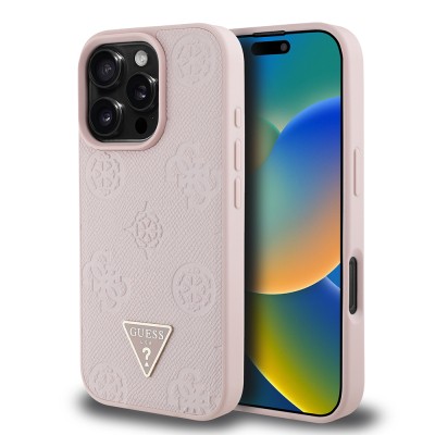 Apple iPhone 16 Pro Case Guess Original Licensed Magsafe Charging Feature Hot Printed Triangle Logo PU Leather Peony Cover - 32
