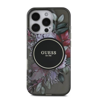 Apple iPhone 16 Pro Case Guess Original Licensed Magsafe Charging Featured IML Printed Flower Pearl Bracelet Cover - 15