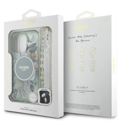 Apple iPhone 16 Pro Case Guess Original Licensed Magsafe Charging Featured IML Printed Flower Pearl Bracelet Cover - 30