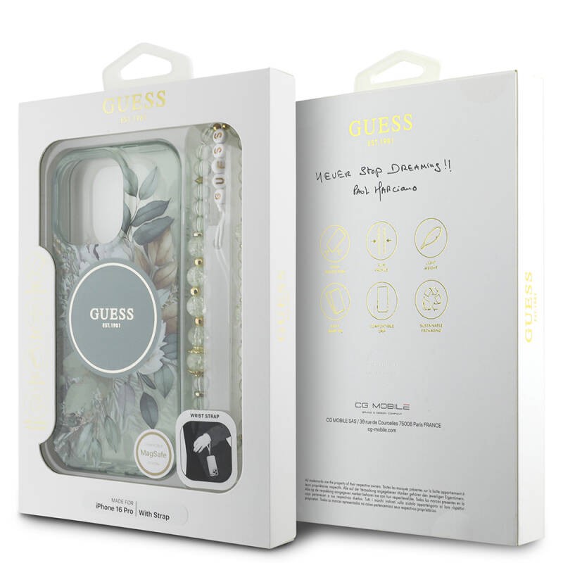 Apple iPhone 16 Pro Case Guess Original Licensed Magsafe Charging Featured IML Printed Flower Pearl Bracelet Cover - 30