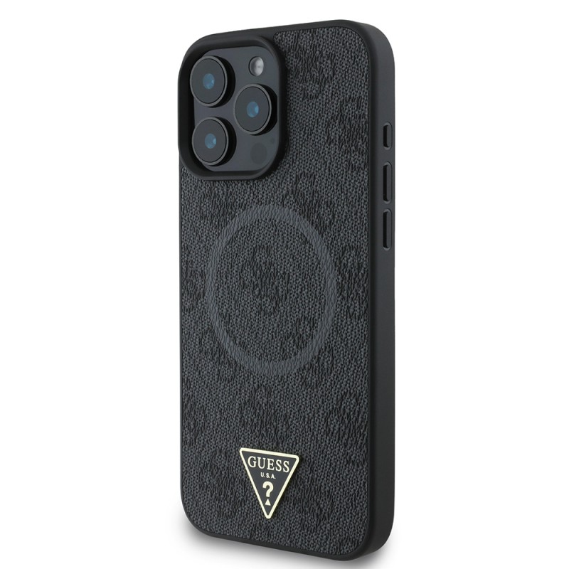 Apple iPhone 16 Pro Case Guess Original Licensed Magsafe Charging Featured PU Triangle Logo 4G Patterned Cover - 19