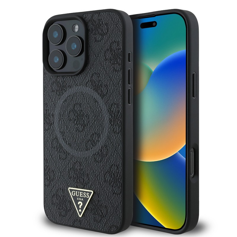 Apple iPhone 16 Pro Case Guess Original Licensed Magsafe Charging Featured PU Triangle Logo 4G Patterned Cover - 4