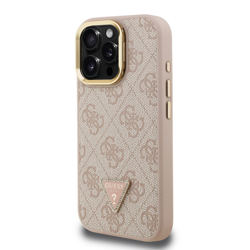 Apple iPhone 16 Pro Case Guess Original Licensed PU Leather Stone Triangle Logo 4G Patterned Camera Stand Cover - 5