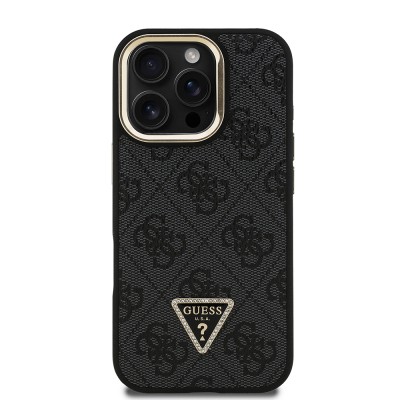 Apple iPhone 16 Pro Case Guess Original Licensed PU Leather Stone Triangle Logo 4G Patterned Camera Stand Cover - 13