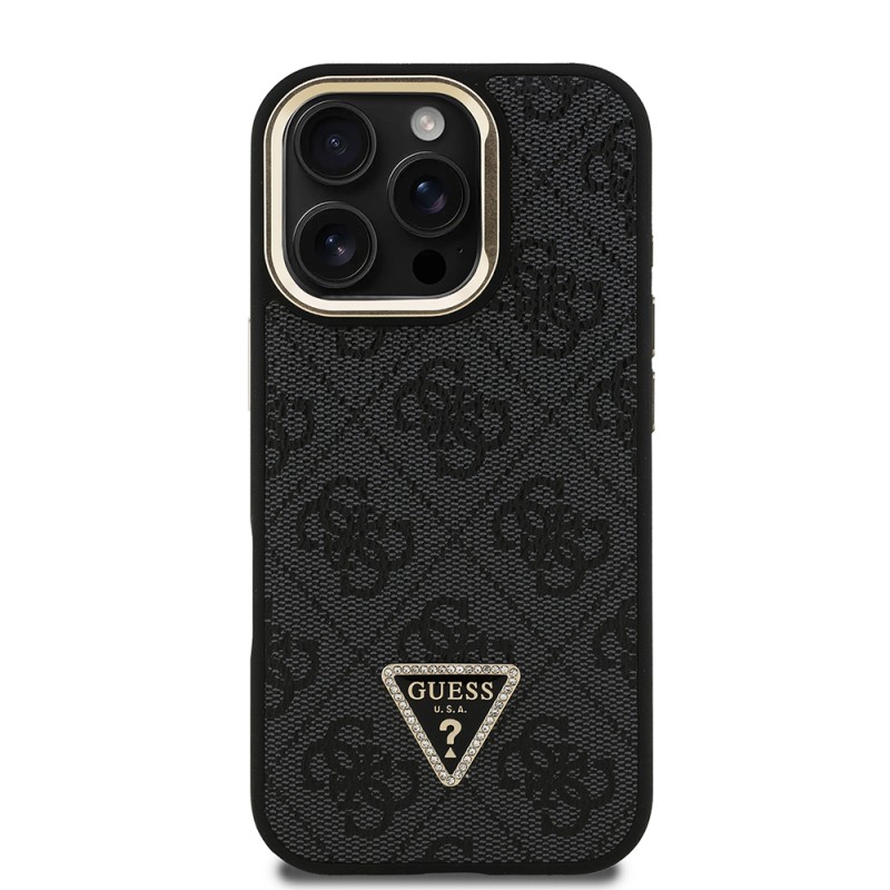 Apple iPhone 16 Pro Case Guess Original Licensed PU Leather Stone Triangle Logo 4G Patterned Camera Stand Cover - 13