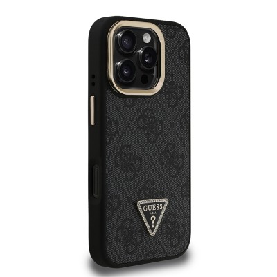 Apple iPhone 16 Pro Case Guess Original Licensed PU Leather Stone Triangle Logo 4G Patterned Camera Stand Cover - 14