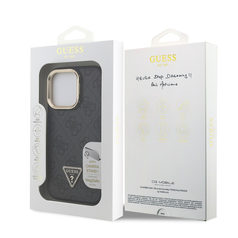 Apple iPhone 16 Pro Case Guess Original Licensed PU Leather Stone Triangle Logo 4G Patterned Camera Stand Cover - 18