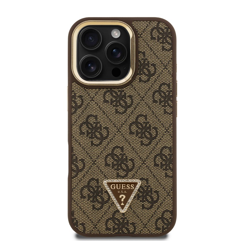 Apple iPhone 16 Pro Case Guess Original Licensed PU Leather Stone Triangle Logo 4G Patterned Camera Stand Cover - 20