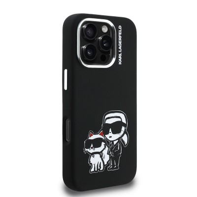 Apple iPhone 16 Pro Case Karl Lagerfeld Original Licensed Karl & Choupette Sketch Logo Silicone Cover - 5