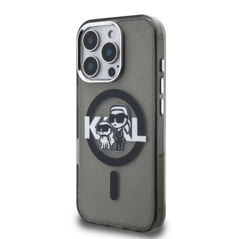Apple iPhone 16 Pro Case Karl Lagerfeld Original Licensed Shining Glitter Karl & Choupette Sketch Logo Cover - 3