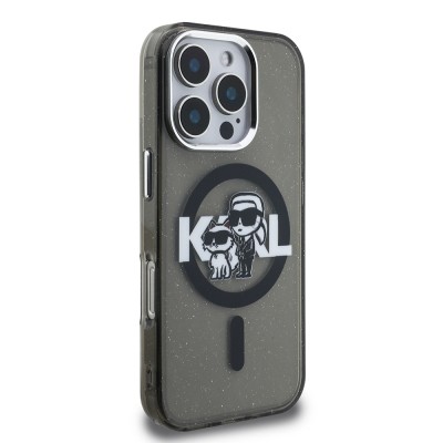Apple iPhone 16 Pro Case Karl Lagerfeld Original Licensed Shining Glitter Karl & Choupette Sketch Logo Cover - 5