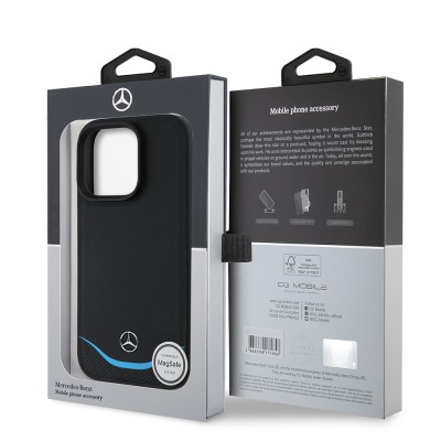 Apple iPhone 16 Pro Case Mercedes Benz Original Licensed Magsafe Charging 3D Metal Logo Blue Horizontal Curved Striped Leather Cover - 9