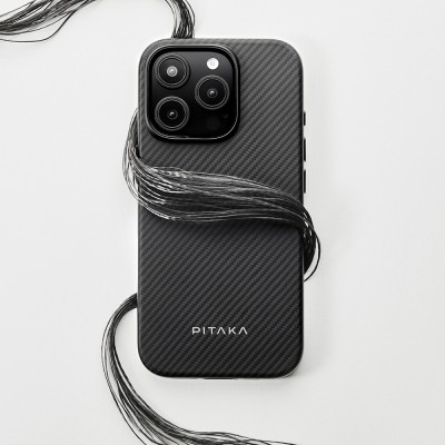 Apple iPhone 16 Pro Case with M-safe Charging Feature Aramid Fiber Pitaka Military-Grade Classic Series New Logo Black-Grey Twill Cover - 14