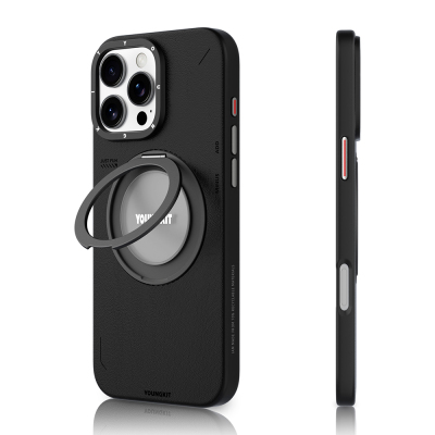 Apple iPhone 16 Pro Case with Magsafe Charging Featured 360° Stand Simple Matte Leather Patterned Youngkit Tech Leather Series Cover - Youngkit