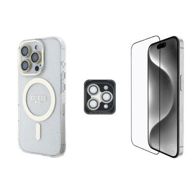 Apple iPhone 16 Pro Guess Orjinal Lisanslı 3'lü Aksesuar Seti IML Baskılı Simli Glitter Kılıf + Ekran Koruyucu + Lens Koruyucu - Guess