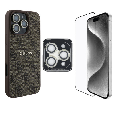 Apple iPhone 16 Pro Guess Orjinal Lisanslı Kılıf + Ekran Koruyucu + Lens Koruyucu 3in1 Aksesuar Seti - Guess