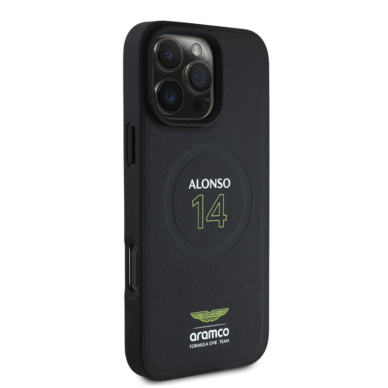 Apple iPhone 16 Pro Kılıf Aston Martin Orjinal Lisanslı M-safe Şarj Özellikli PU Deri Alonso 14 Baskılı Kapak - 5