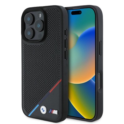 Apple iPhone 16 Pro Kılıf BMW Orjinal Lisanslı M-safe Şarj Özellikli M Logolu Üç Çizgili Delikli Deri Kapak - 2