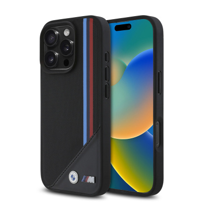 Apple iPhone 16 Pro Kılıf BMW Orjinal Lisanslı M-safe Şarj Özellikli M Logolu Üç Çizgili Dikiş Detaylı Meshed Tricolor Stripes Kapak - BMW
