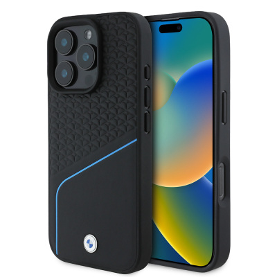 Apple iPhone 16 Pro Kılıf BMW Orjinal Lisanslı M-safe Şarj Özellikli Metal Logolu Dokulu ve Çizgili Deri Kapak - BMW