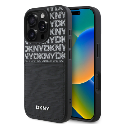 Apple iPhone 16 Pro Kılıf DKNY Orjinal Lisanslı Kartlıklı 3D Yazılı Repeat Texture Pattern Kapak - DKNY