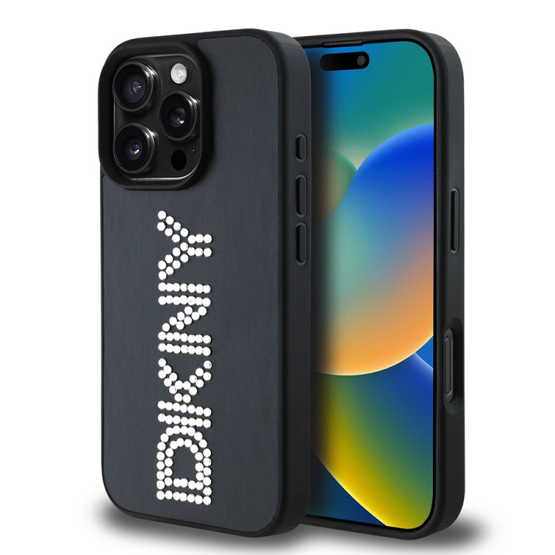 Apple iPhone 16 Pro Kılıf DKNY Orjinal Lisanslı Taşlı DKNY Yazılı Metalik Rhinestones PU Deri Kapak - 4
