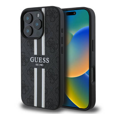 Apple iPhone 16 Pro Kılıf Guess Orjinal Lisanslı M-safe Şarj Özellikli 4G Şerit Tasarımlı Printed Kapak - Guess