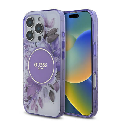 Apple iPhone 16 Pro Kılıf Guess Orjinal Lisanslı M-safe Şarj Özellikli Flower Tonal Circle Kapak - Guess