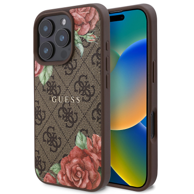 Apple iPhone 16 Pro Kılıf Guess Orjinal Lisanslı M-safe Şarj Özellikli Gül Baskılı 4G Desenli Yazı Logolu Kapak - Guess
