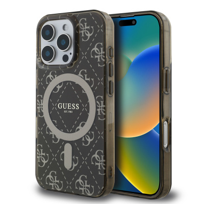 Apple iPhone 16 Pro Kılıf Guess Orjinal Lisanslı M-safe Şarj Özellikli IML Baskılı Klasik Logolu 4G Desenli Kapak - Guess