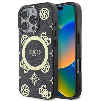 Apple iPhone 16 Pro Kılıf Guess Orjinal Lisanslı M-safe Şarj Özellikli IML Peony ve 4G Desenli Klasik Logolu Kapak - Guess