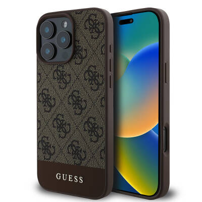 Apple iPhone 16 Pro Kılıf Guess Orjinal Lisanslı M-safe Şarj Özellikli PU Deri Şerit Logo Dizaynlı Kapak - Guess