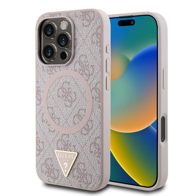 Apple iPhone 16 Pro Kılıf Guess Orjinal Lisanslı M-safe Şarj Özellikli PU Üçgen Logo 4G Desenli Kapak - Guess