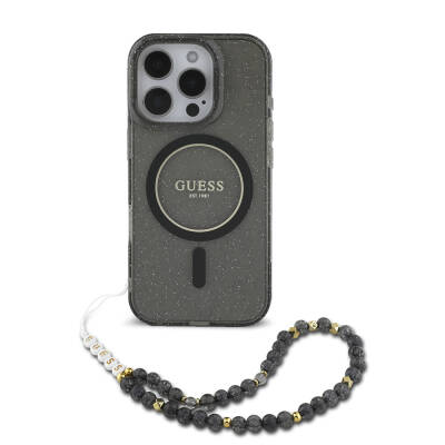 Apple iPhone 16 Pro Kılıf Guess Orjinal Lisanslı M-safe Şarj Özellikli Simli Silikon İnci Bileklikli Kapak - Guess