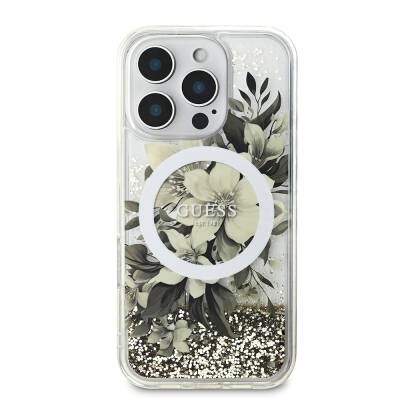 Apple iPhone 16 Pro Kılıf Guess Orjinal Lisanslı M-safe Şarj Özellikli Sıvılı Simli Çiçek Desenli Kapak - 3